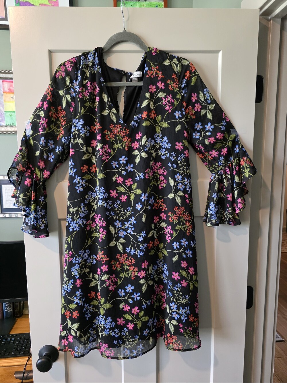 Calvin Klein Flowy Floral Shift Dress Women's Size 16 Sheer Sleeves